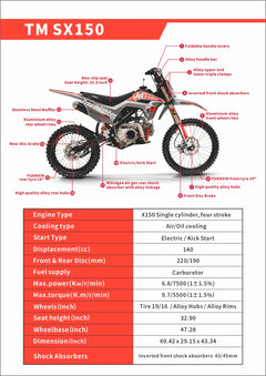 Trailmaster SX150 Dirt Bike 140cc JHL Pro-Series Manual Electric Kick Start